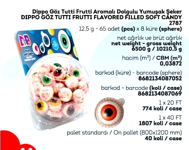 DİPPO DOLGULU YUMUŞAK ŞEKER GÖZ (ADET FİYATI 9.5 TL'DİR. KÜRE İÇİ 65 ADETTİR.)