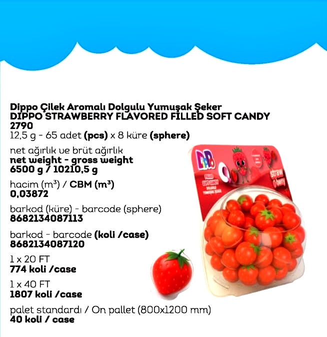 DİPPO DOLGULU YUMUŞAK ŞEKER ÇİLEK (ADET FİYATI 9.5 TL'DİR. KÜRE İÇİ 65 ADETTİR.)