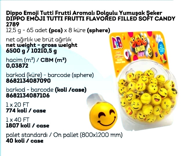 DİPPO DOLGULU YUMUŞAK ŞEKER EMOJİ (ADET FİYATI 9.5 TL'DİR. KÜRE İÇİ 65 ADETTİR.)