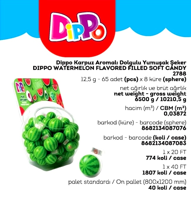 DİPPO DOLGULU YUMUŞAK ŞEKER KARPUZ (ADET FİYATI 9.5 TL'DİR. KÜRE İÇİ 65 ADETTİR.)