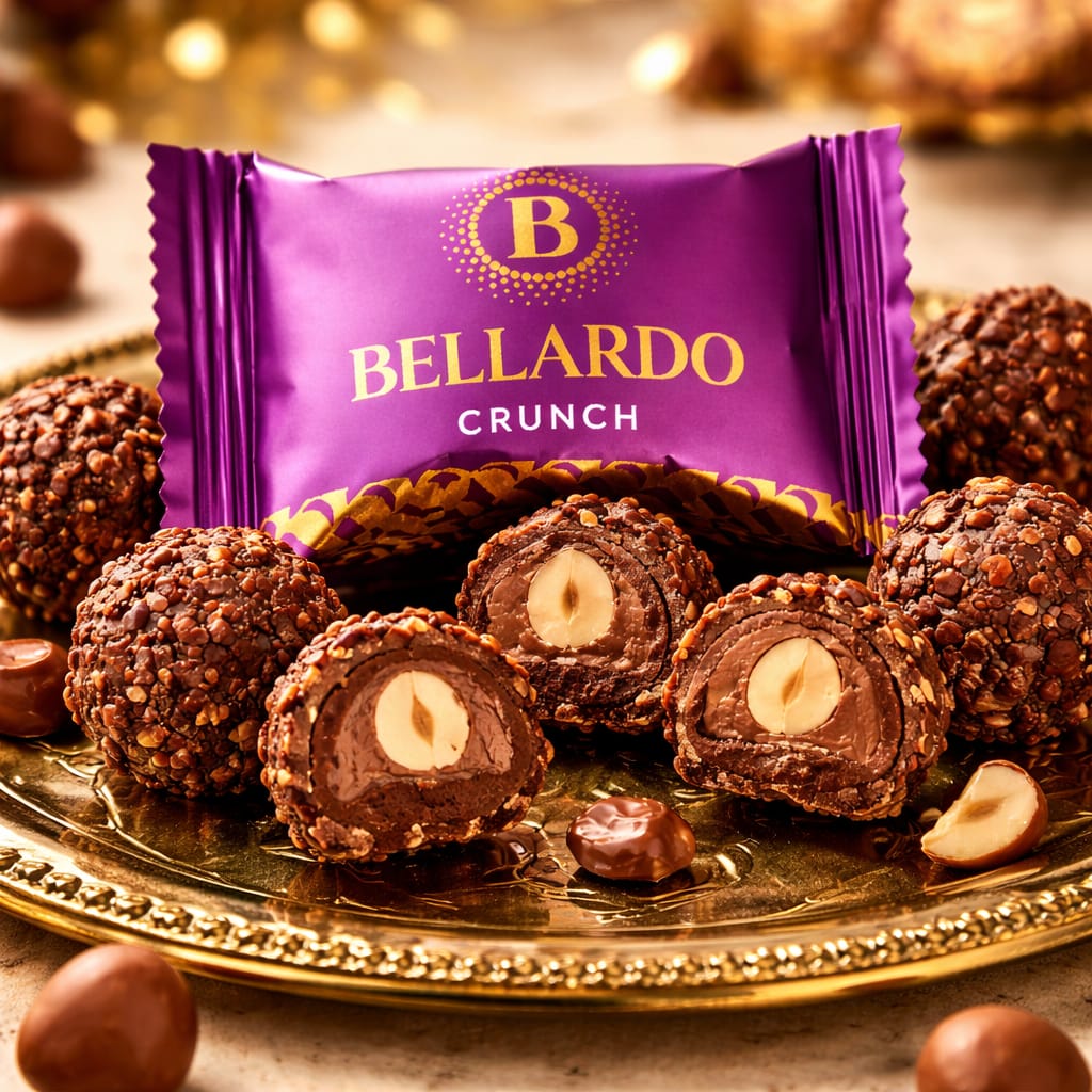 BELLARDO FLOWPACK İÇİ BÜTÜN FINDIKLI VE KAKAOLU KREMA DOLGULU CRUNCH KAPLAMALI TRÜF (KG FİYATI 798 TL'DİR. KOLİ İÇİ 5 KG'DİR) -- 9922