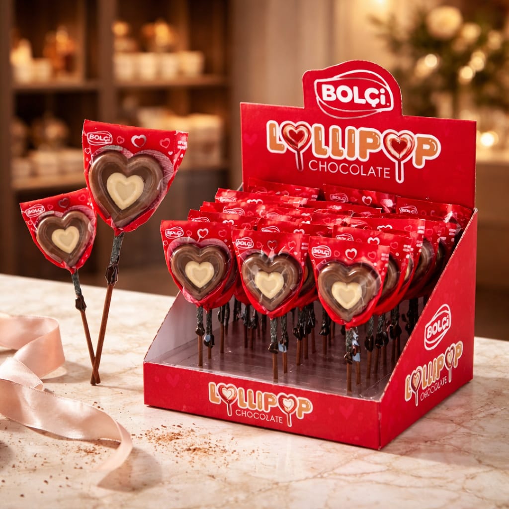 BOLÇİ -- CK300 Sütlü KALP Lolipop Çikolata 24g (ADET FİYATI 36 TL'DİR. DİSPLAY İÇİ 24 ADETTİR)