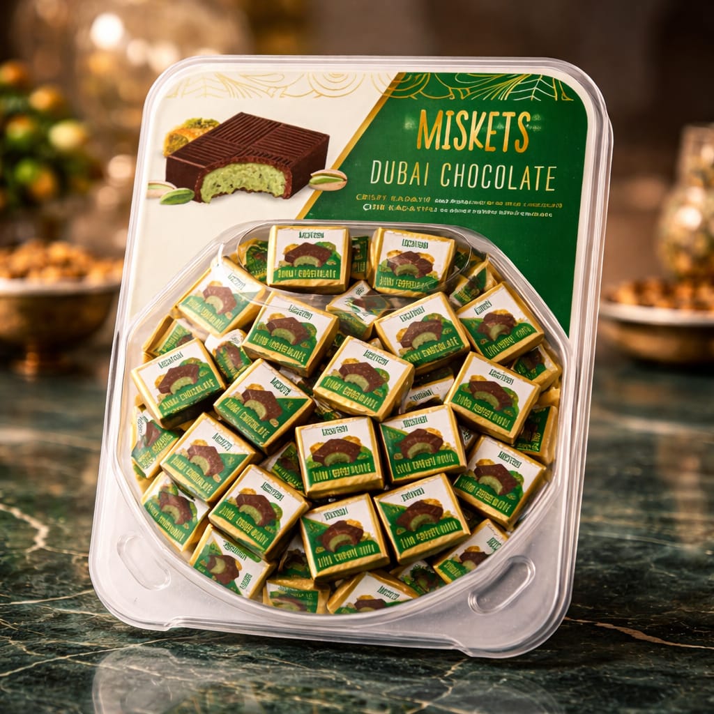 PAKEL MİSKETS DUBAİ ÇİKOLATASI 13 GR KÜRE İÇİ 80 ADET (ADET FİYATI 15.77 TL'DİR. KÜRE FİYATIDIR)