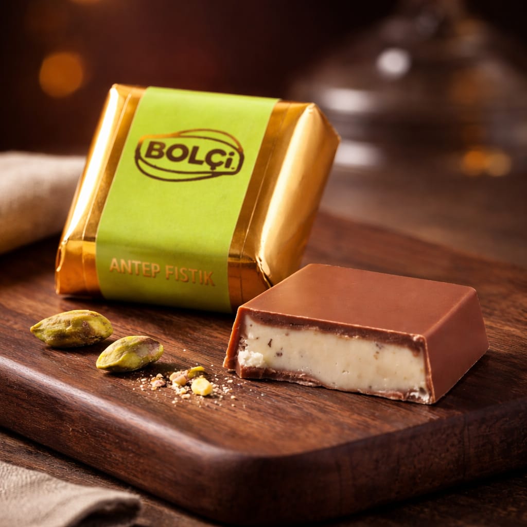 BOLÇİ -- C611 / Fıstık Krema Dolgulu Sütlü Kare Çikolata 16g (KG FİYATI 985 TL'DİR. KOLİ İÇİ 3.200 KG'DİR)