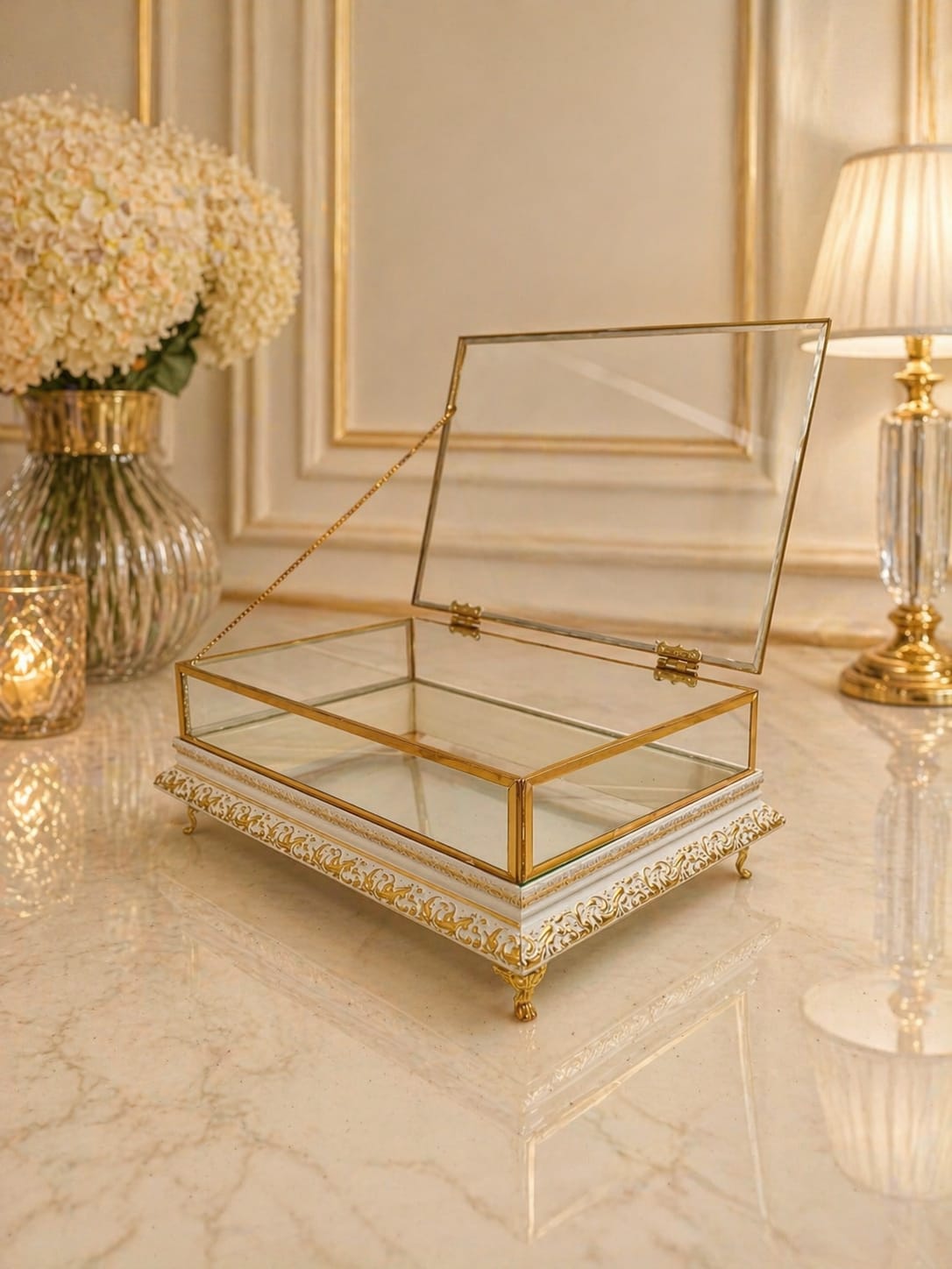KDD ELİT BEYAZ / ALTIN EJDERHA KALIN ÇITA ÇİFT KATLI GOLD CAM KUTU 30*20 CM KULPSUZ AYAKLI -23 - (0602)