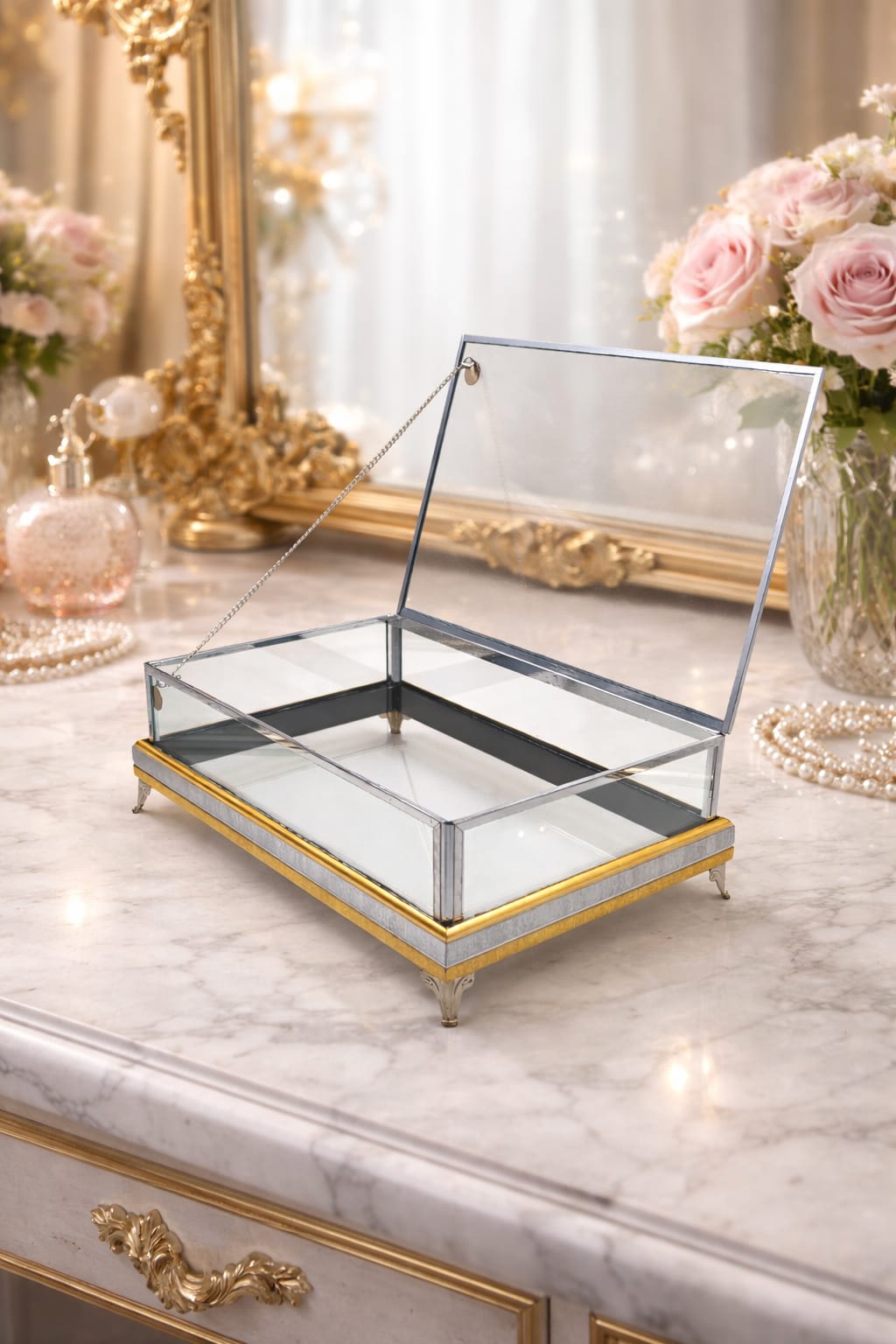 KDD ELLA İNCE ÇITA ÇİFT RENK GÜMÜŞ PLEXİ ÇİFT KATLI 30*20 CM KULPSUZ CAM KUTU AYAKLI -249 - (0502)