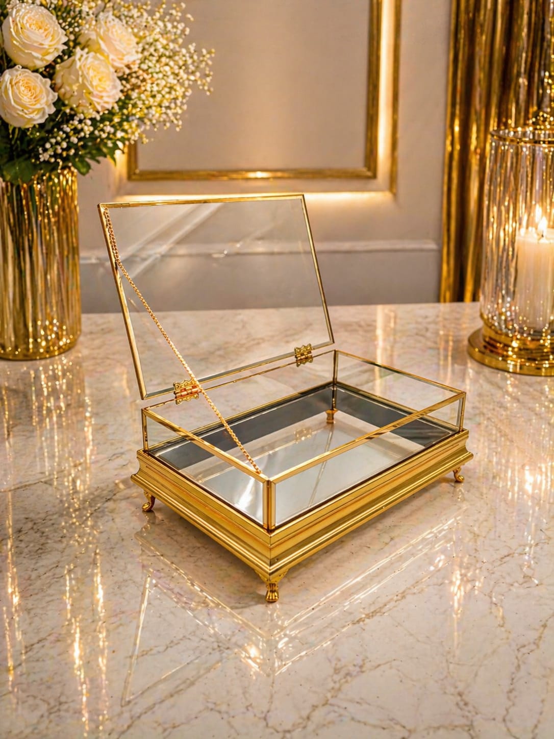 KDD ELİT İNOKS PLEXİ ÇERÇEVELİ KALIN ÇITA ÇİFT KATLI 30*20 CM CAM KUTU GOLD AYAKLI- 256 - (0602)