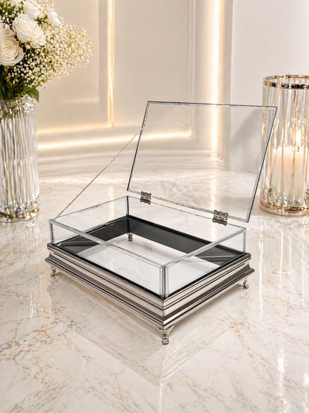 KDD ELİT İNOKS PLEXİ ÇERÇEVELİ KALIN ÇITA ÇİFT KATLI 30*20 CM CAM KUTU GÜMÜŞ AYAKLI - 255 - (0602)
