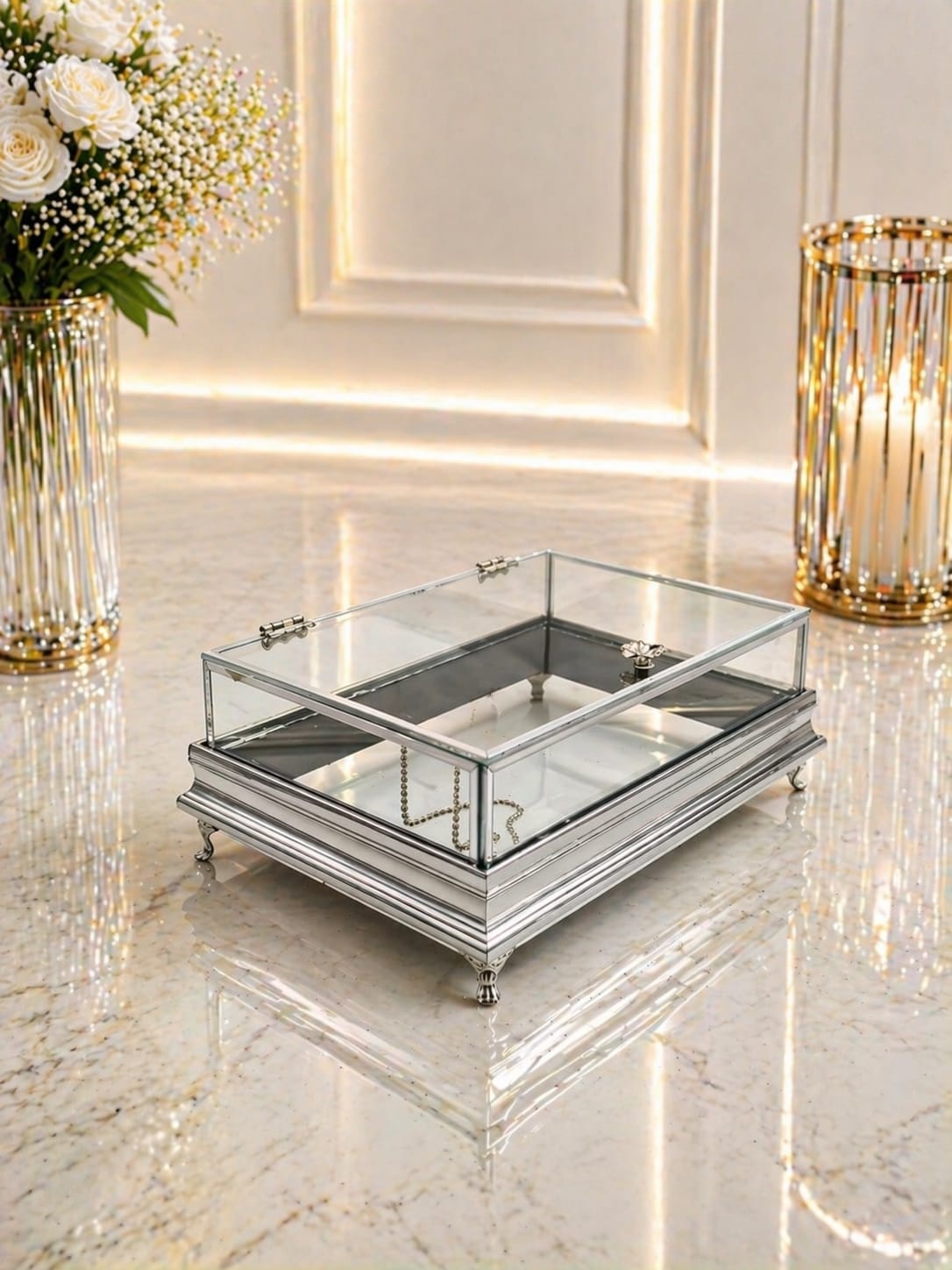 KDD ELİT İNOKS PLEXİ ÇERÇEVELİ KALIN ÇITA ÇİFT KATLI 30*20 CM MANOLYA KULPLU CAM KUTU GÜMÜŞ AYAKLI - 355 - (0602)