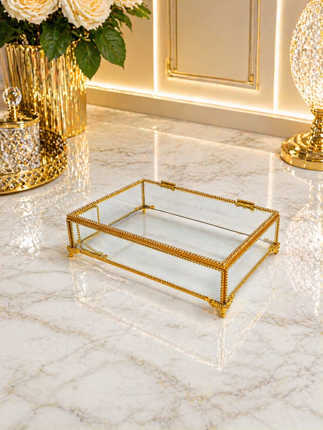 KDD PLEXİ TAŞLI ALTIN CAM KUTU  AYAKLI  (STAR 0501) - 25*16 CM - 236