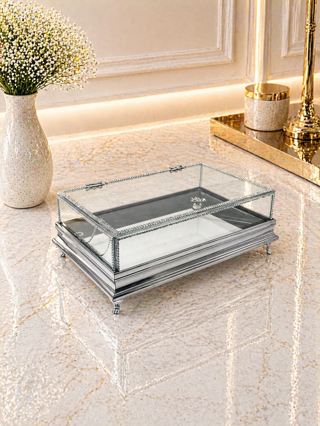 KDD ELİT  LÜX TAŞLI CAM KUTU GÜMÜŞ KALIN ÇITA ÇİFT KATLI 30*20 CM KULPU KÜÇÜK ÇİÇEKLİ AYAKLI - 252 - (0602)