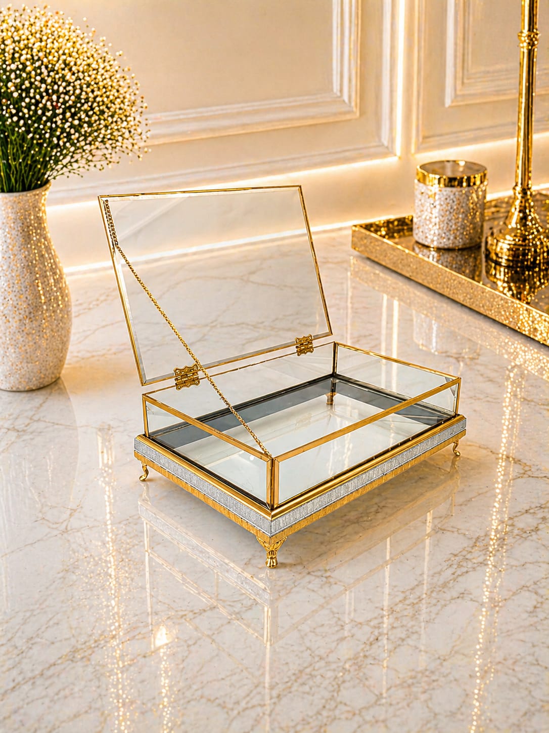 KDD ELLA İNCE ÇITA ÇİFT RENK GOLD PLEXİ ÇİFT KATLI 30*20 CM KULPSUZ CAM KUTU AYAKLI - 248 - (0502)