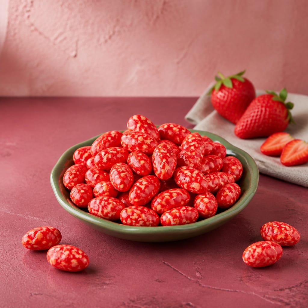 MR PREMIUM ÇİLEKLİ BADEM DRAJE FİLDİŞİ SÜTLÜ ÇİKOLATA (KG FİYATI 898 TL'DİR. KUTU İÇİ 3 KG'DIR)