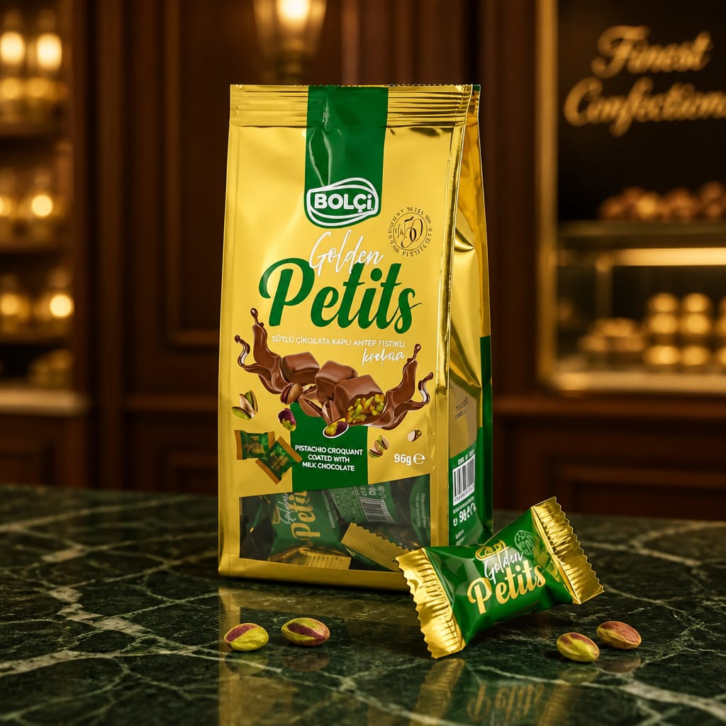 BOLÇİ -- C671 Sütlü Çikolata Kaplı Antep Fıstıklı Krokan Petits 96g (QUADRO POŞET) (ADET FİYATIDIR. KUTU İÇİ 6 ADETTİR)