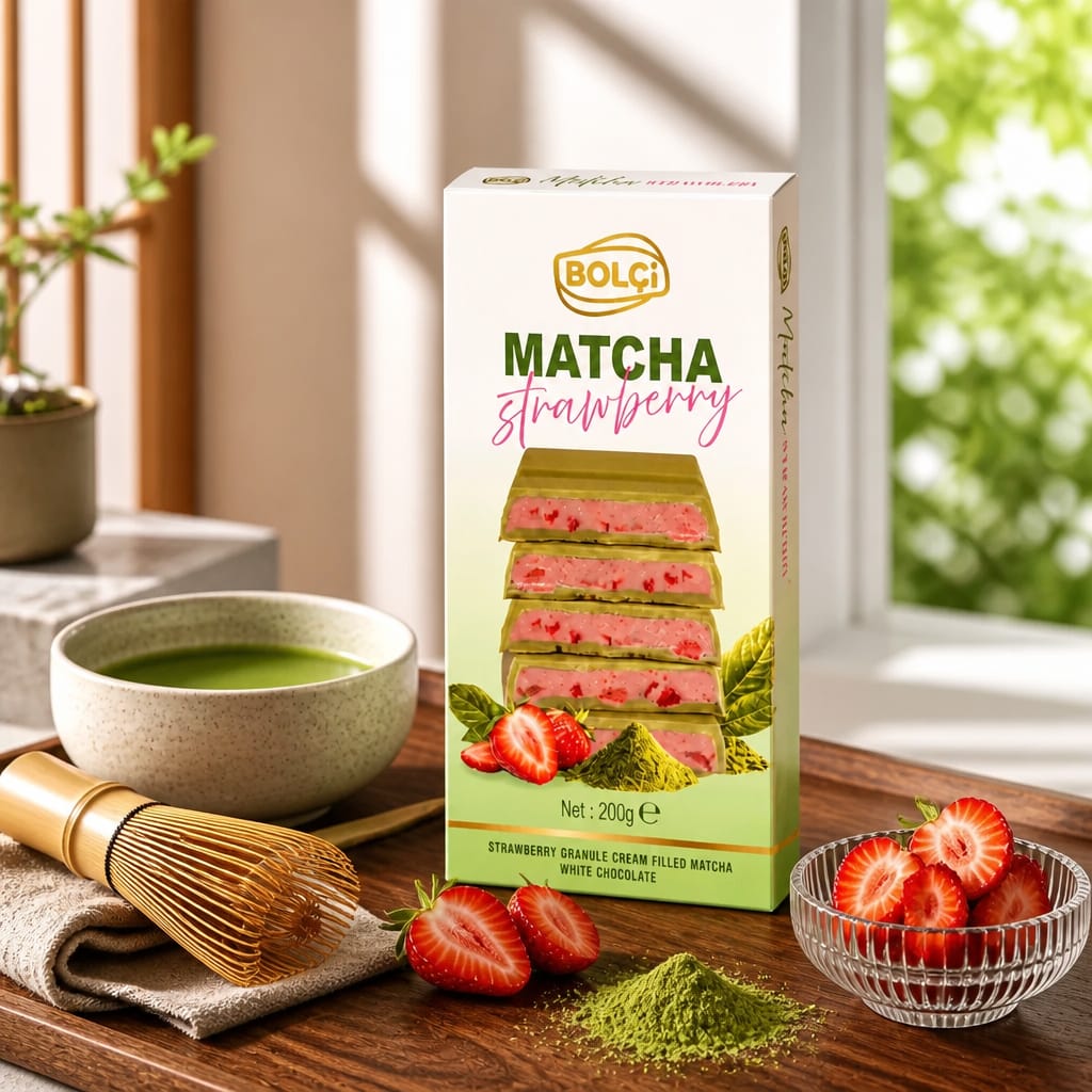BOLÇİ -- B676 Çilek Granül Krema Dolgulu Matchalı Beyaz Çikolata 200g (ADET FİYATI 171 TL'DİR. KUTU İÇİ 14 ADETTİR)