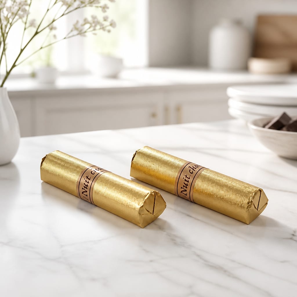 NUİT CHOCOLATE ALTIN SARGILI ANTEP FISTIKLI KROKAN KISA BOY (KG FİYATI 1300 KOLİ İÇİ 2 KG'DİR)