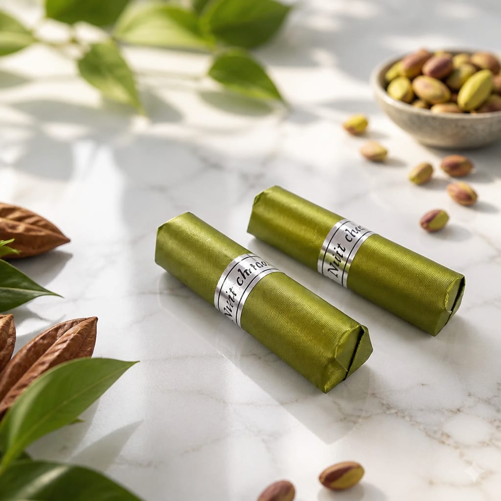 NUİT CHOCOLATE YEŞİL SARGILI ANTEP FISTIKLI KROKAN KISA BOY (KG FİYATI 1300 KOLİ İÇİ 2 KG'DİR)