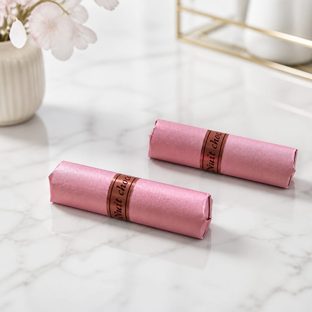 NUİT CHOCOLATE PEMBE SARGILI ANTEP FISTIKLI KROKAN KISA BOY (KG FİYATI 1300 KOLİ İÇİ 2 KG'DİR)
